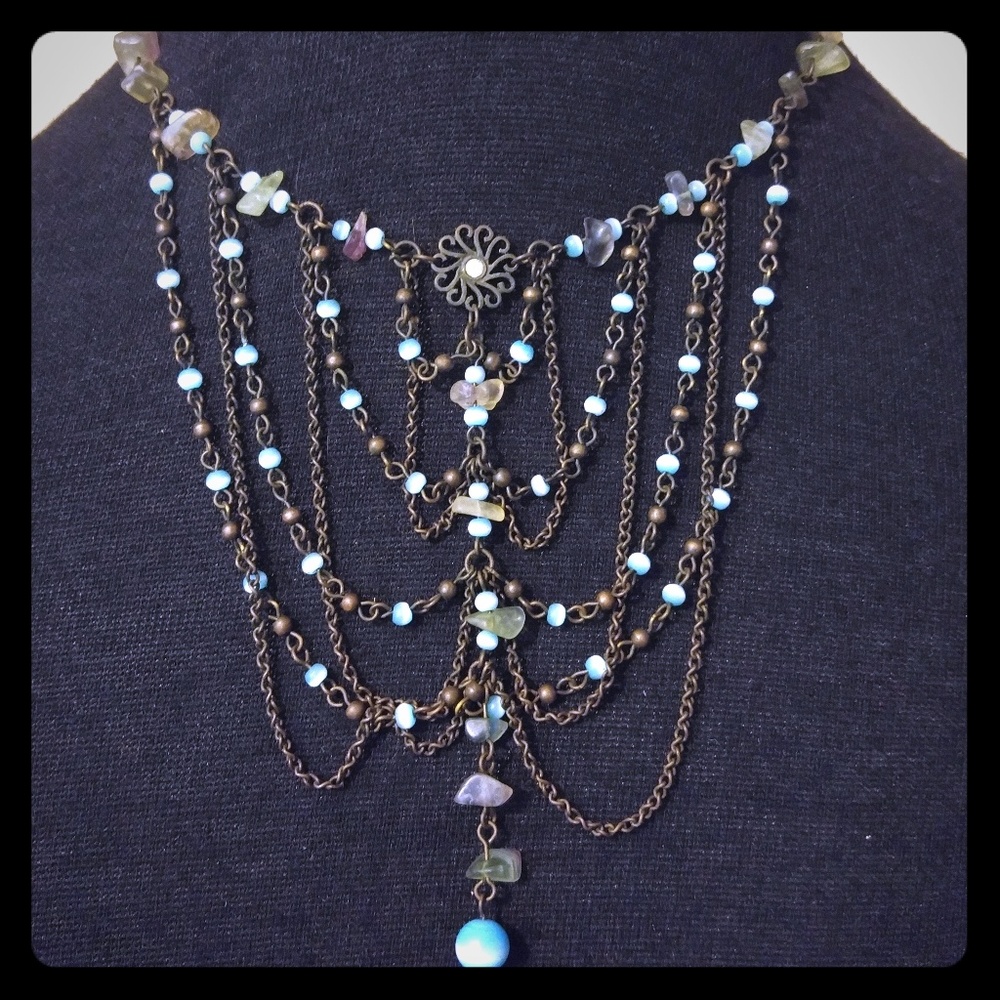 Blue choker necklace; turquoise & cat's eye stones